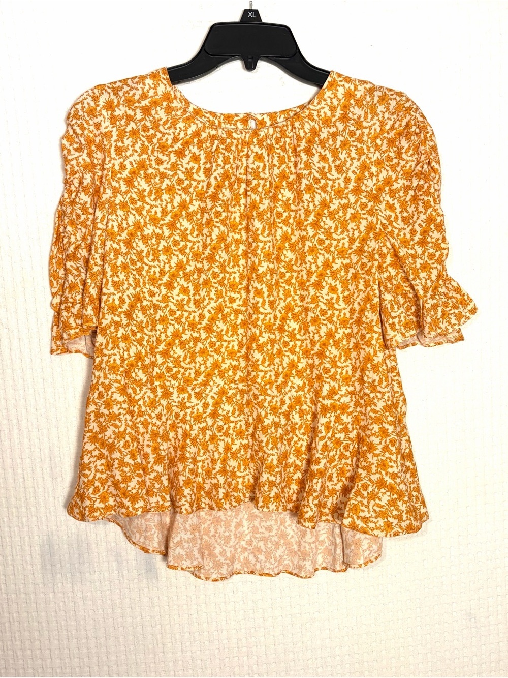 A Loves A Golden Orange Floral Print Peplum Blouse Side Zip Ruch Sleeve Size M